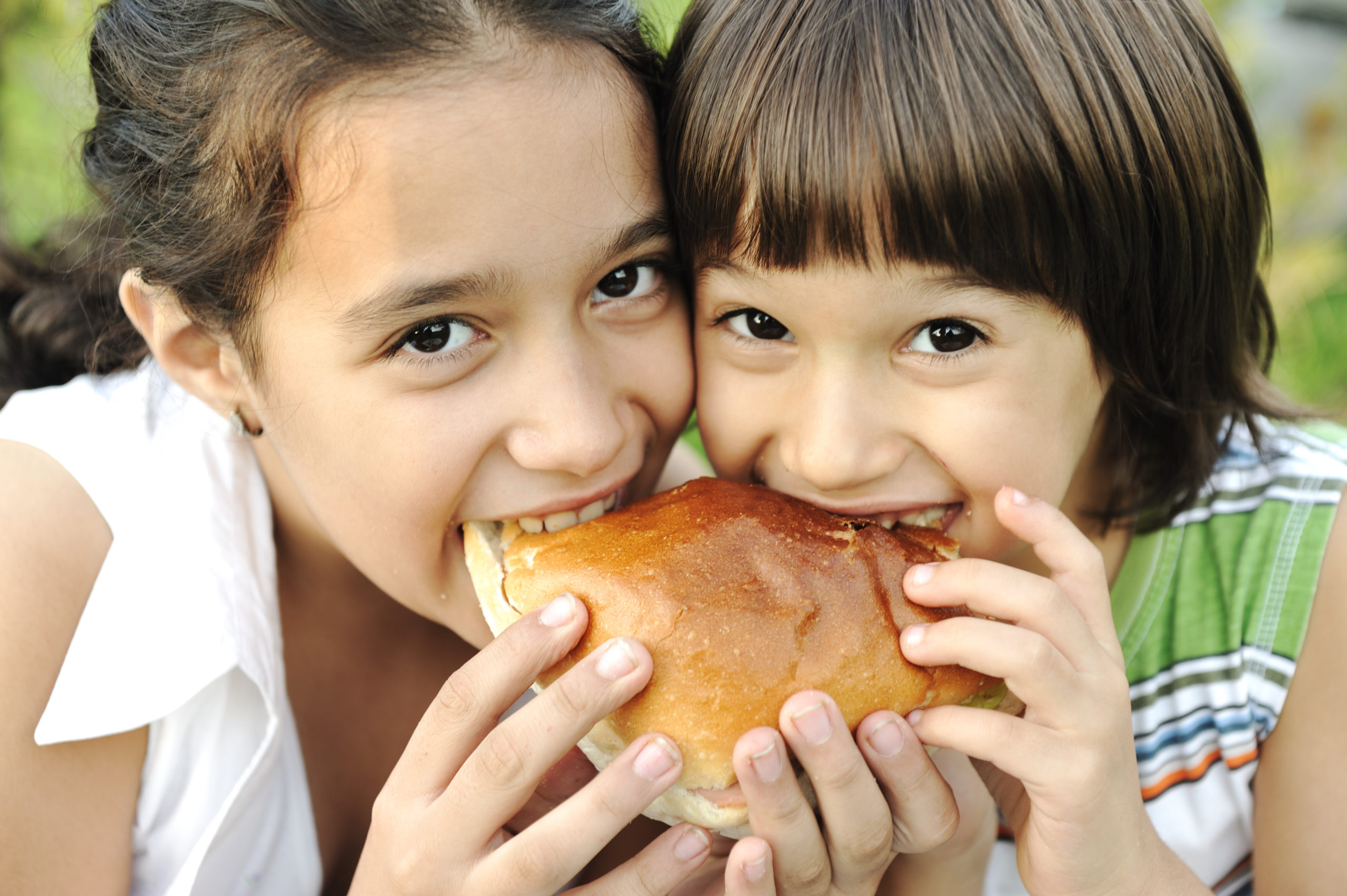 Closeup of two children eating sandwich in nature together, healthy food, careless and love